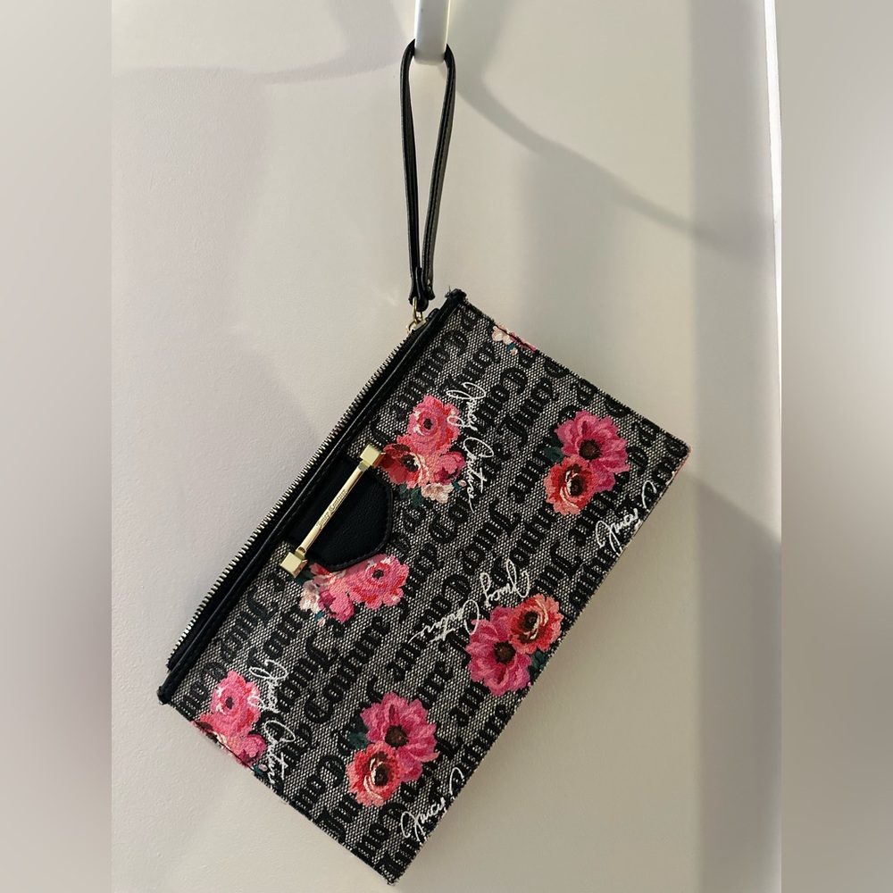 Floral Print Wristlet Clutch in Black and Pink